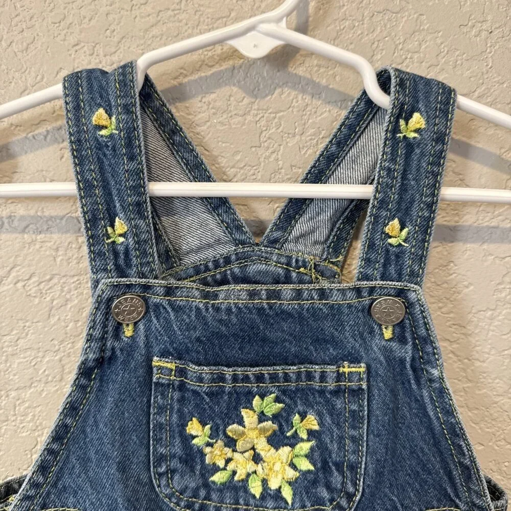 Vintage Jeans wear Overalls Toddler Girls Size 18 Months Denim Yellow Embroidery